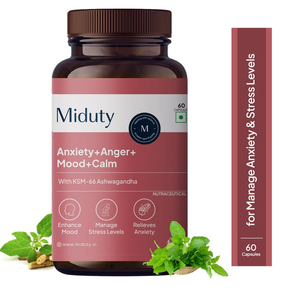 

Miduty Anxiety Anger Mood Calm Supplement - KSM-66 Ashwagandha, GABA- Anti Depressant -60 Capsules