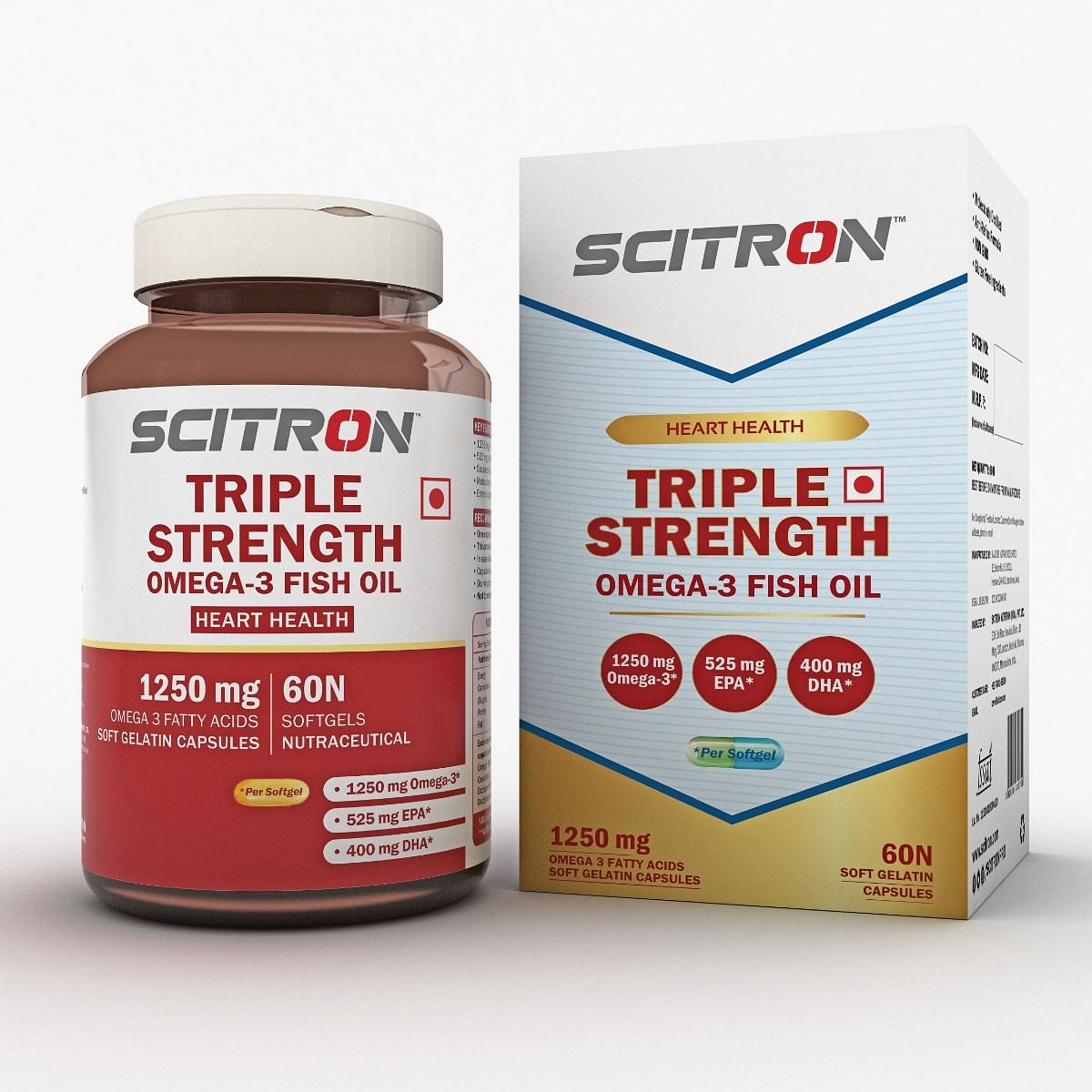 

Scitron Triple Strength Omega-3 Fish Oil Capsules - 1250mg Omega-3, 525mg EPA, 400mg DHA, 60 Capsules