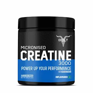 Bolt Micronised Creatine Monohydrate 3000 | With Phycocyanine | Boosts Athletic Performance | Provides Energy Support for Heavy Workout | Formulated In USA | 100 gm (0.22lb), 33 serving | Unflavored