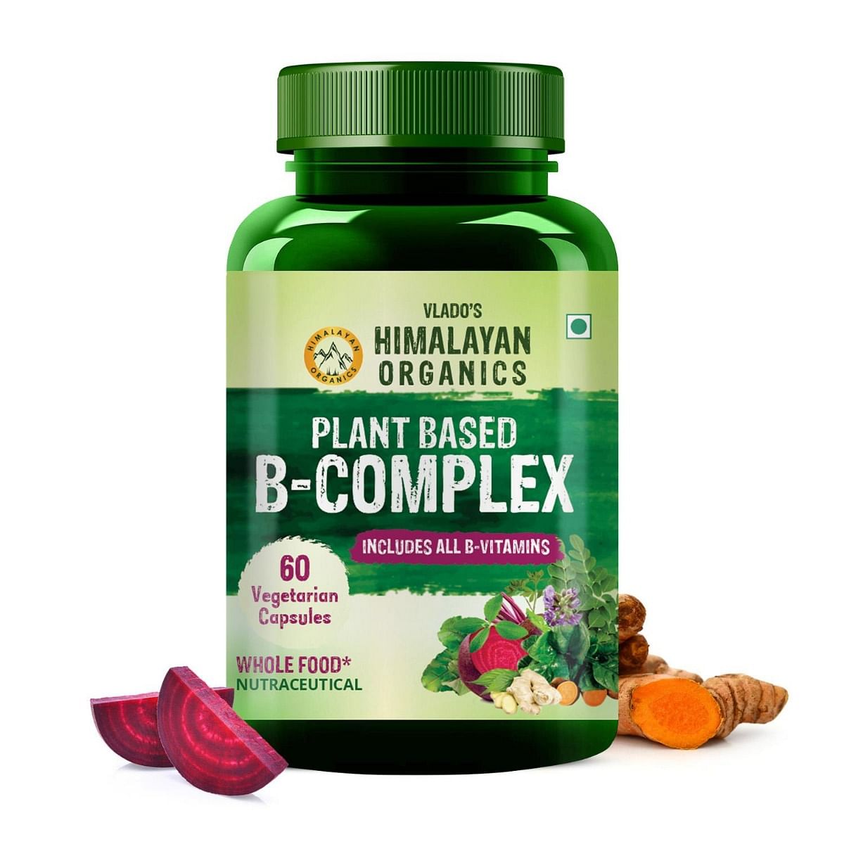 

Vlado's Himalayan Organics Plant Based B-Complex Vitamins B12, B1, B2, B3, B5, B6, B9 and Biotin for Metabolism, Hair and Energy- 60 Veg Capsules