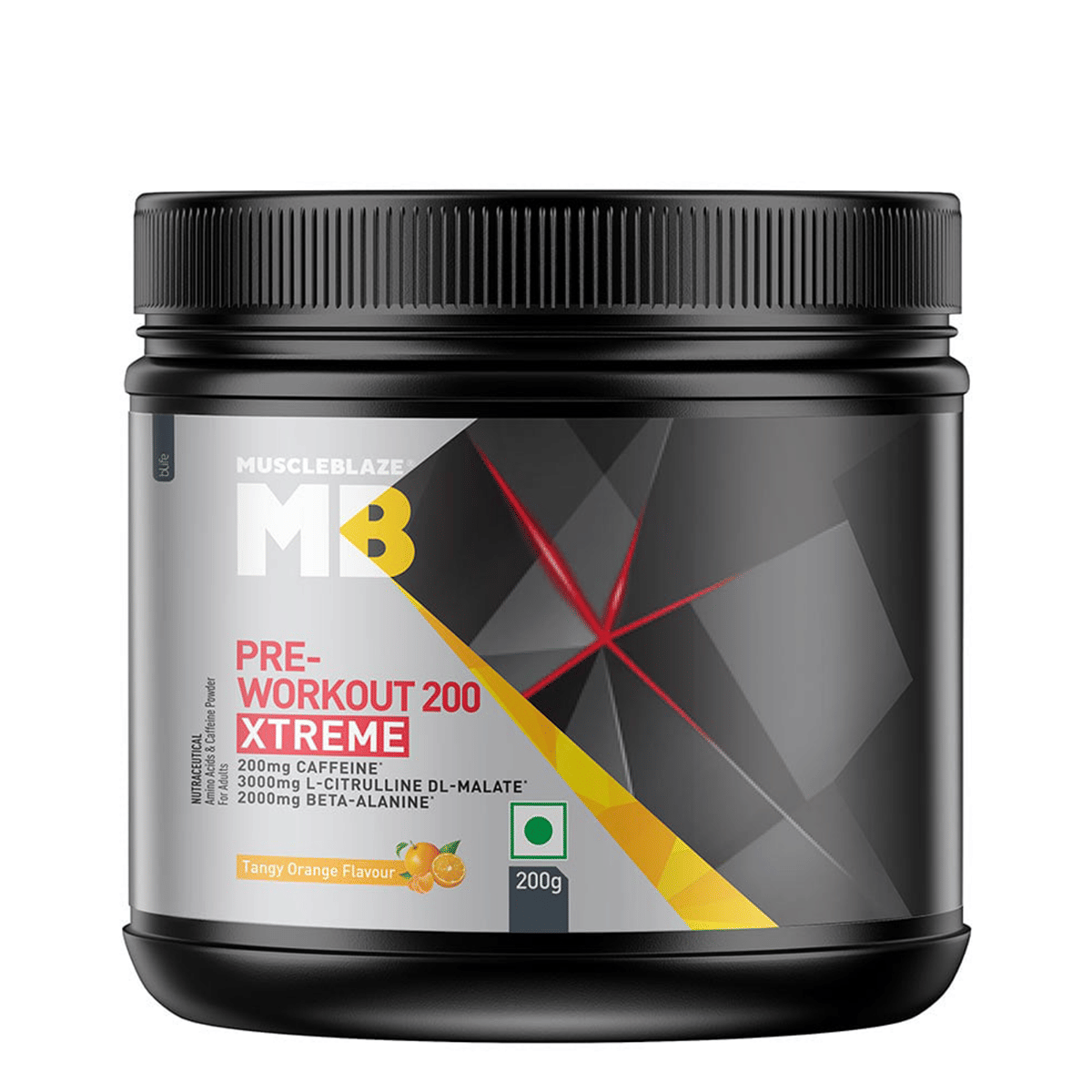 

MuscleBlaze Pre Workout 200 Xtreme | 200mg Caffeine, 200mg Theanine, 2000mg Beta Alanine, 3000mg Citrulline (Tangy Orange, 30 Servings, 200g)