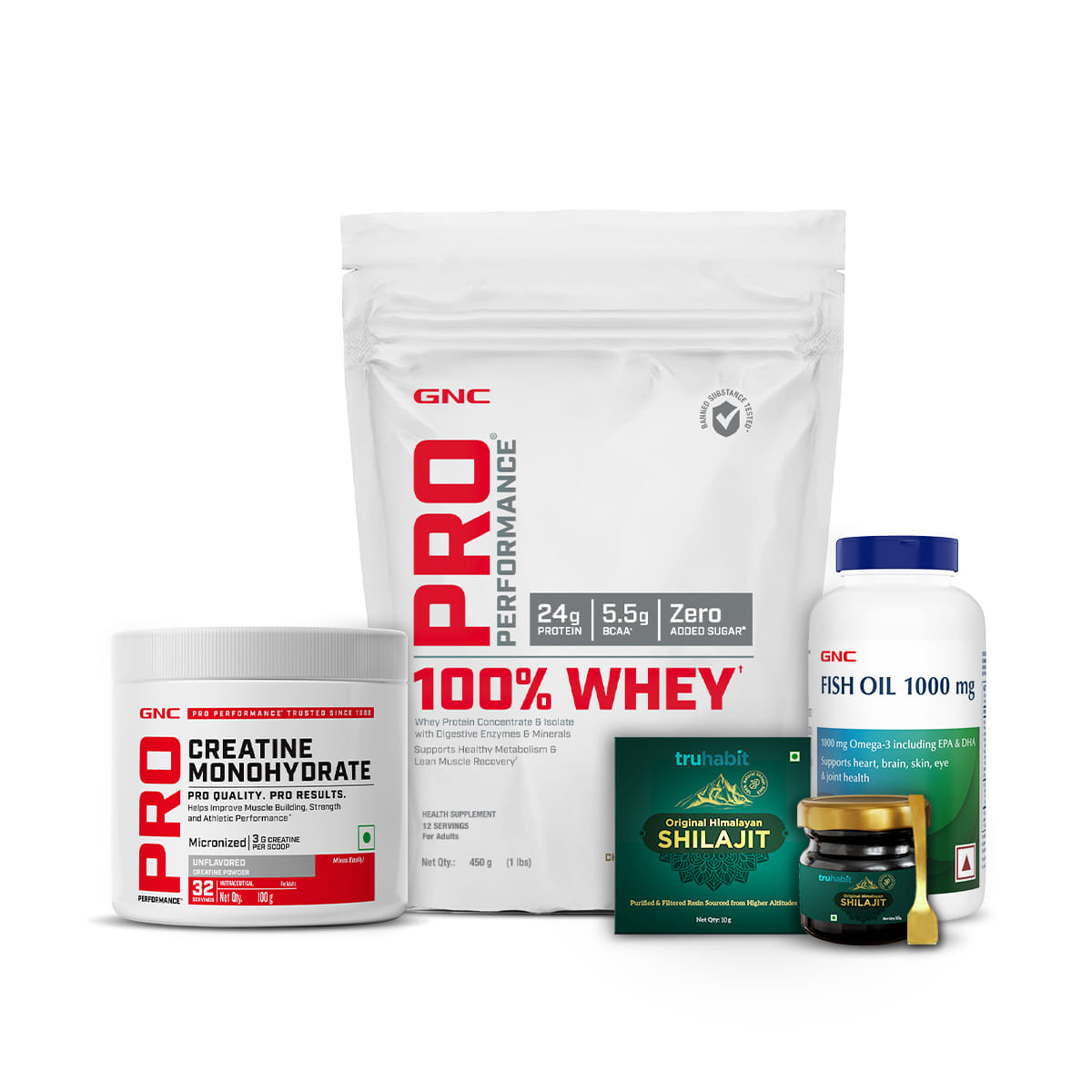 GNC Whey Protein (1 lbs) | BCAA | Shilajit (10g) | Creatine (100g) | Fish Oil (60) for Heart Health