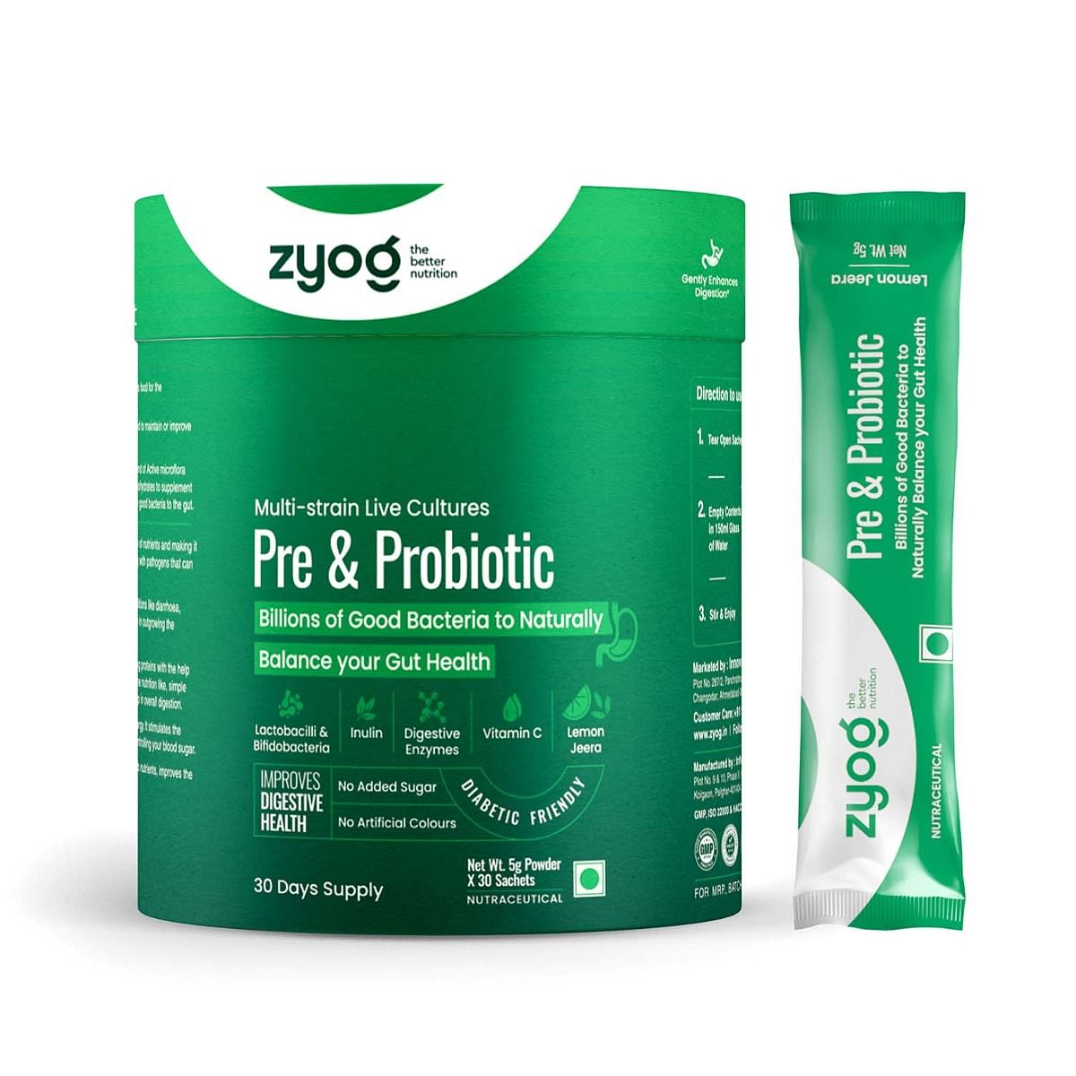 

Zyog Multi-strain Live Cultures Prebiotic & Probiotic with Lactobacilli & Bifidobacteria, Inulin, Digestive Enzymes, Vitamin C | Gut Power pack of ...