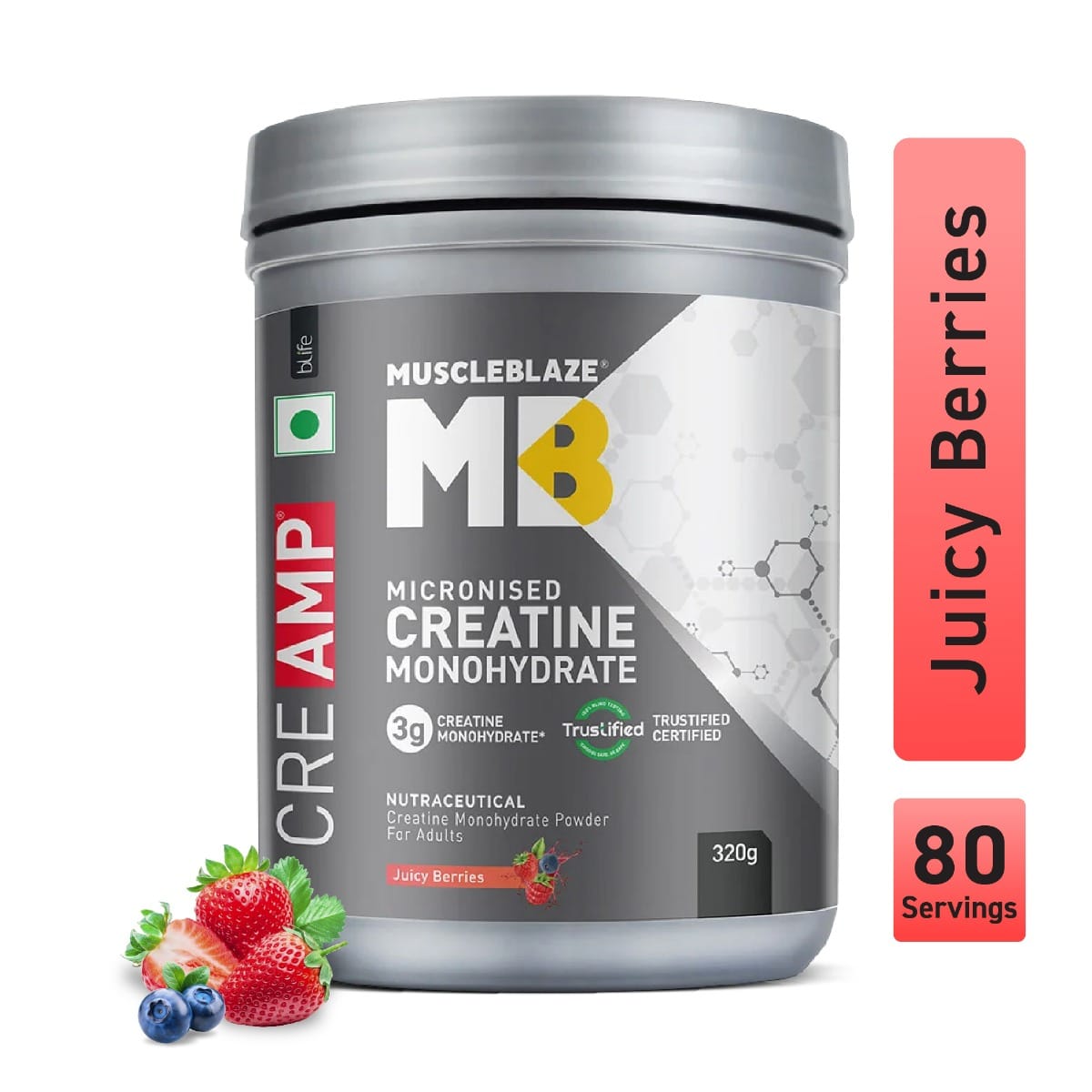 

MuscleBlaze Micronised Creatine Monohydrate CreAMP Powder | Trustified Certified Creatine | Juicy Berries (80 Servings, 320g)