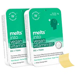 Wellbeing Nutrition Melts Vegan Vitamin B12 (Methylcobalamin)1500mcg Folate (5-MTHF) Brahmi (Bacopa Monnieri) Curcumin | Plant-Based Brain Heart & Nervous System Support (30 Oral Strips Pack of 2)