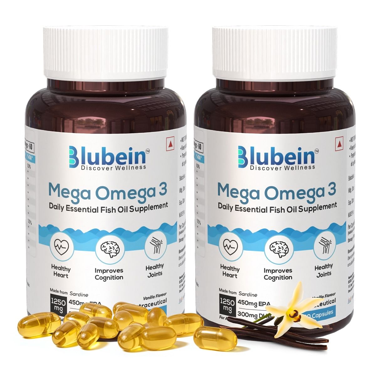 

Blubein Mega Omega 3 Fish Oil Capsules for Men & Women, Triple Strength with 1250 mg (450 mg EPA & 300 mg DHA) for Muscle Recovery, Joints & Brain ...