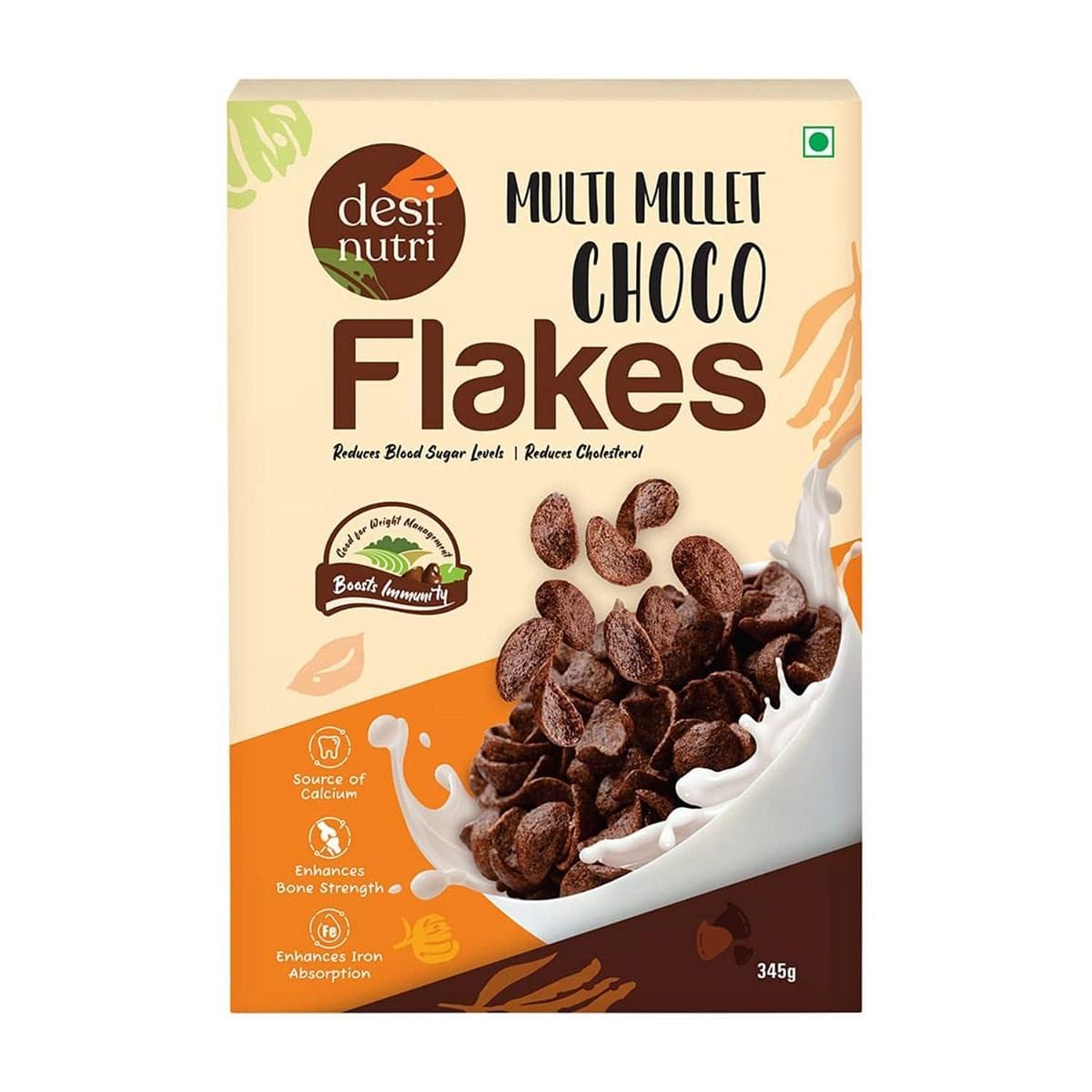 Desi Nutri Multi Millet Health Choco Flakes | Ready to Eat Choco Flakes | Millet Choco Flakes | Rich in Iron & Calcium| Choco Flakes - 345 gms