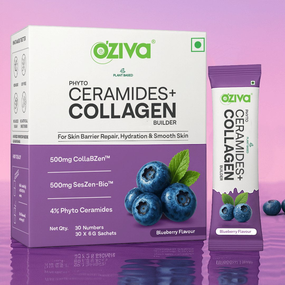 

OZiva Phyto Ceramides+ Collagen Builder -for Barrier Repair & Hydration Boost , Blueberry Flavour | 30 Sachets