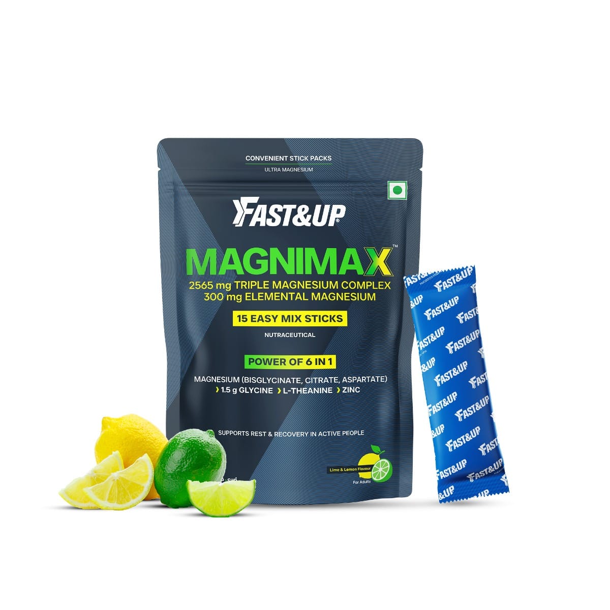 

Fast&Up Magnimax - Triple Magnesium Bisglycinate, Citrate, Aspartate | L-Glycine, L-Theanine, Zinc | Power of 6-in-1 | Lime & Lemon Flavour – 15 st...