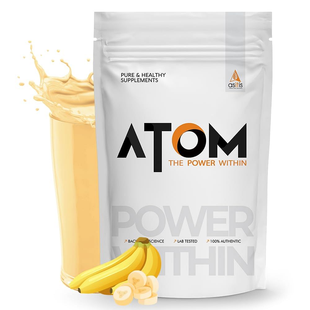 

AS-IT-IS ATOM Whey Protein 1kg | Banana Fusion | 27g protein | 5.7g BCAA | Digestive Enzymes