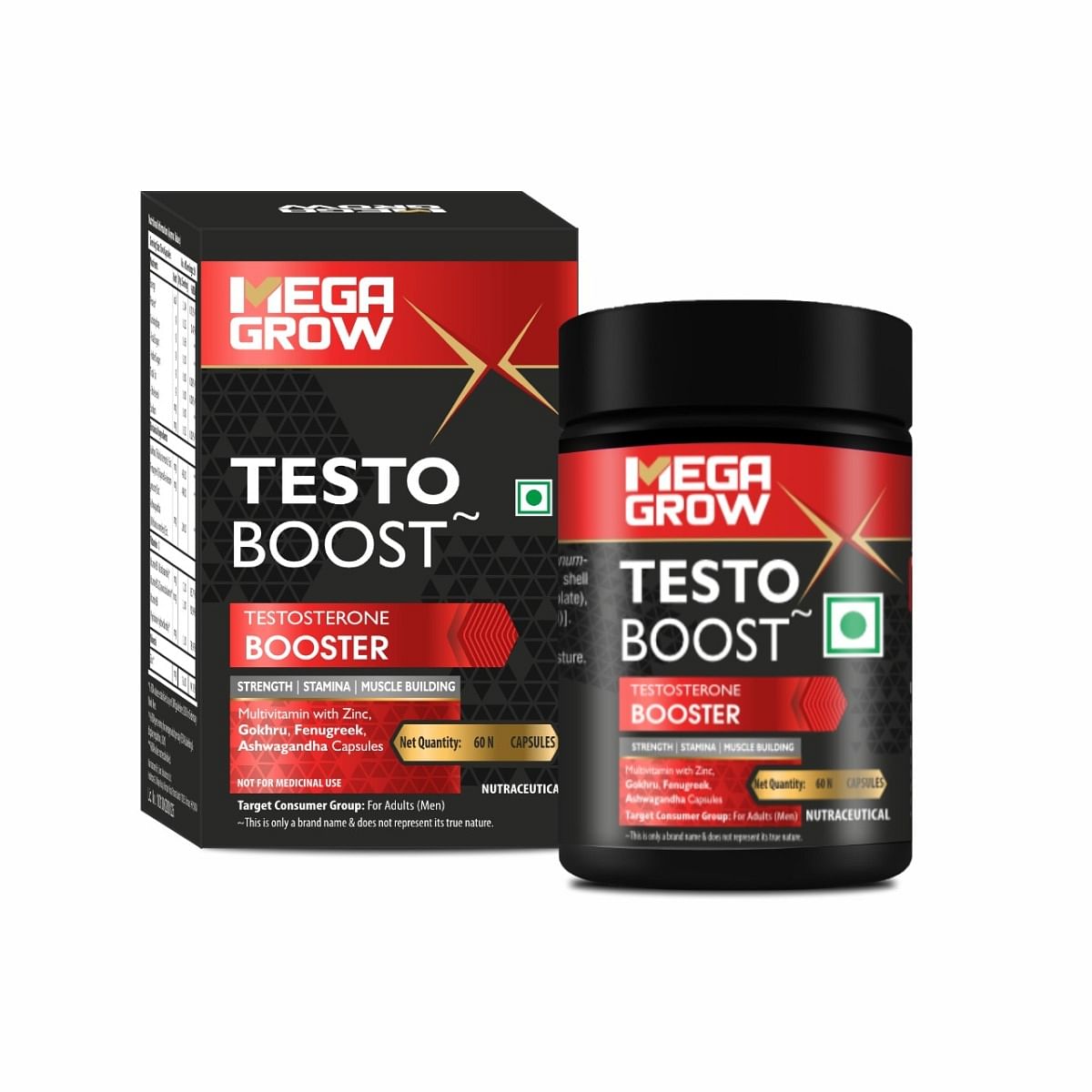 

Megagrow Testo Boost Testosterone Booster Multivitamin With Zinc, Gokhru, Fenugreek, And Ashwagandha Capsules For Men - 60 Capsules