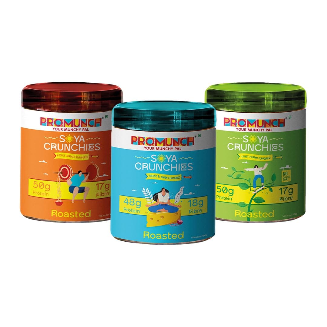 

PROMUNCH Soya Crunchies | High-Protein | Healthy | Gluten-Free | Combo of 3 Packs, Flavour: Noodle Masala, Tangy Pudina & Cheese & Onion,150 g Each