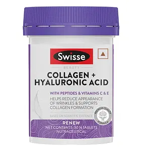 Swisse Collagen+ Hyaluronic Acid With Peptides, Vitamin C & E | Helps Reduce Apperance Of Wrinkles & Supports Collagen Formation For Youthful & Radiant Skin - 30 Tablets