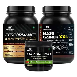 Beyond Fitness Super Pump Gold Combo (100% Whey Gold Protein 1kg -Mass Gainer XXL 1Kg -3000mg Creatine Pro 156gm)
