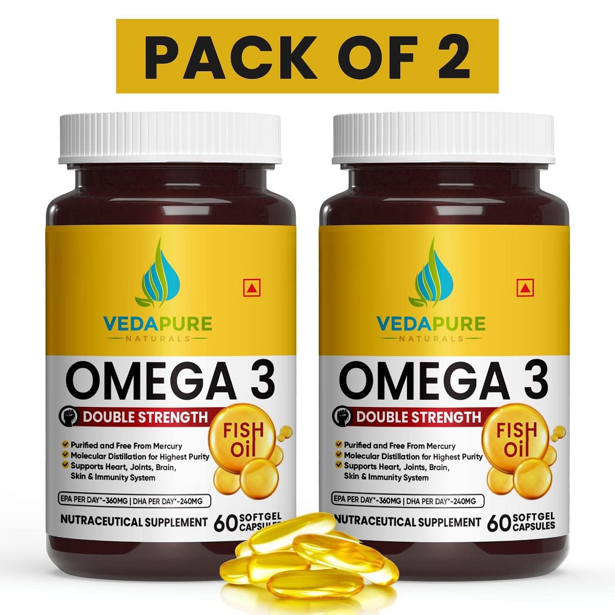 

VEDAPURE |Fish Oil Omega 3 Double Strength Fatty Acid Capsules for Men & Women 1000 mg with Vitamin E & D3 |360 EPA & 240 DHA | No Fishy Burp | Sup...