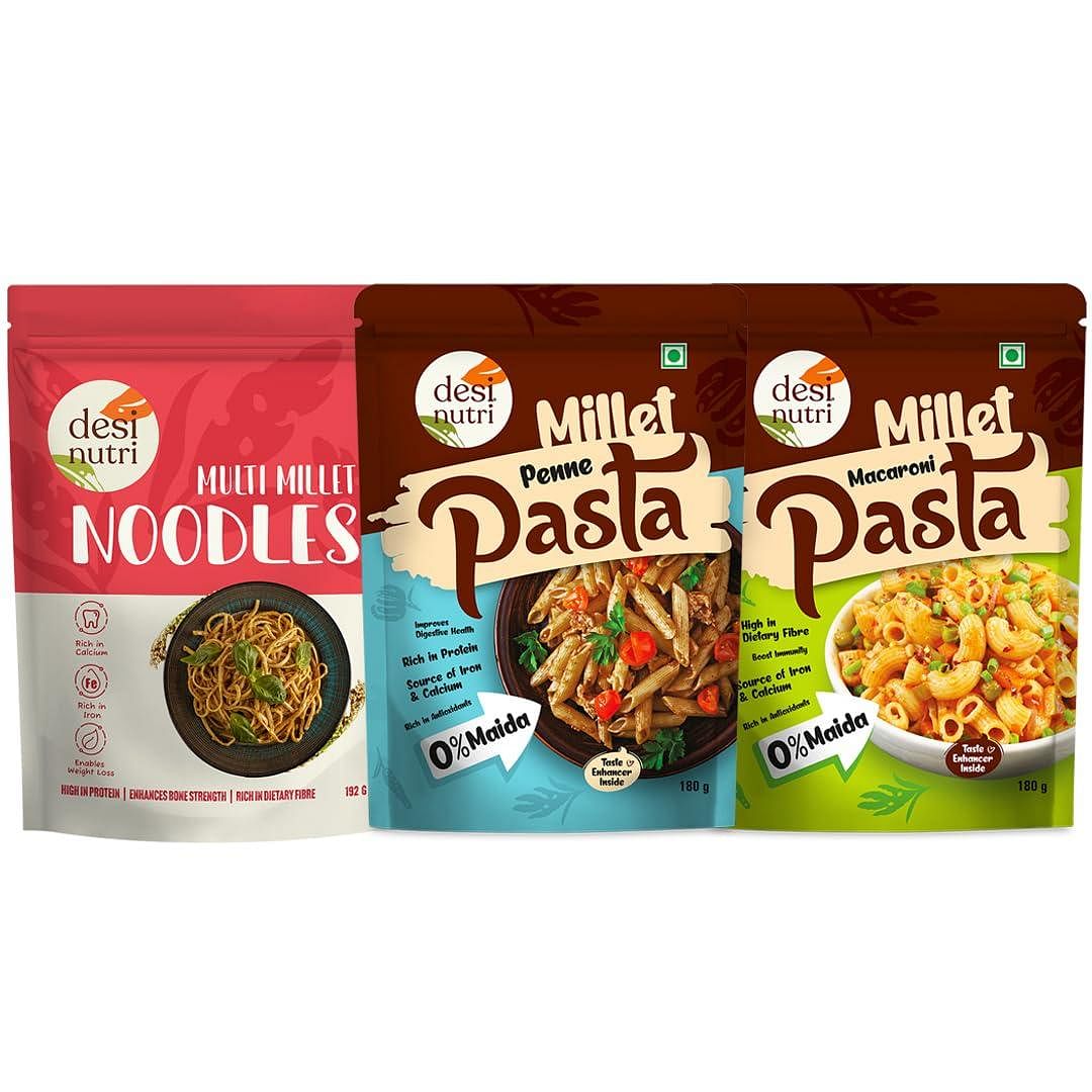 

Desi Nutri Millet Penne Pasta 180gms+Macroni Pasta 180gms+Noodles 192gms| No Maida | Goodness of Ragi, Jowar, Bajra & Multi Millets |Rich In Calciu...