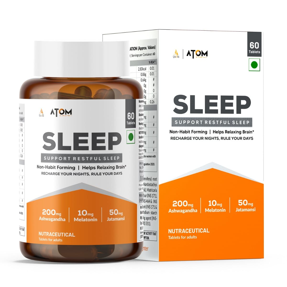 

AS-IT-IS ATOM Sleep I Non-Addictive Sleep-Aid,60 Veg Tablet Supports Focus, Good Mood , Stress Relief I Melatonin 10mg, Ashwagandha 200mg, Jatamans...