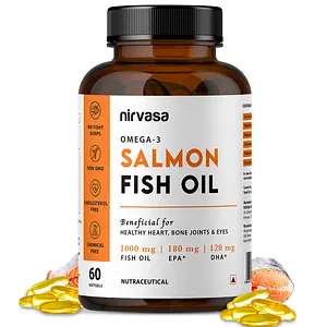 Nirvasa Salmon Fish Oil Softgel Capsule, for Healthy Heart, Brain and Eyes, enriched with Fish Oil 1000mg, EPA 180 mg & DHA 120 mg, Easy to swallow and No Fishy Burps, 1B (1 X 60 Softgel Capsules)