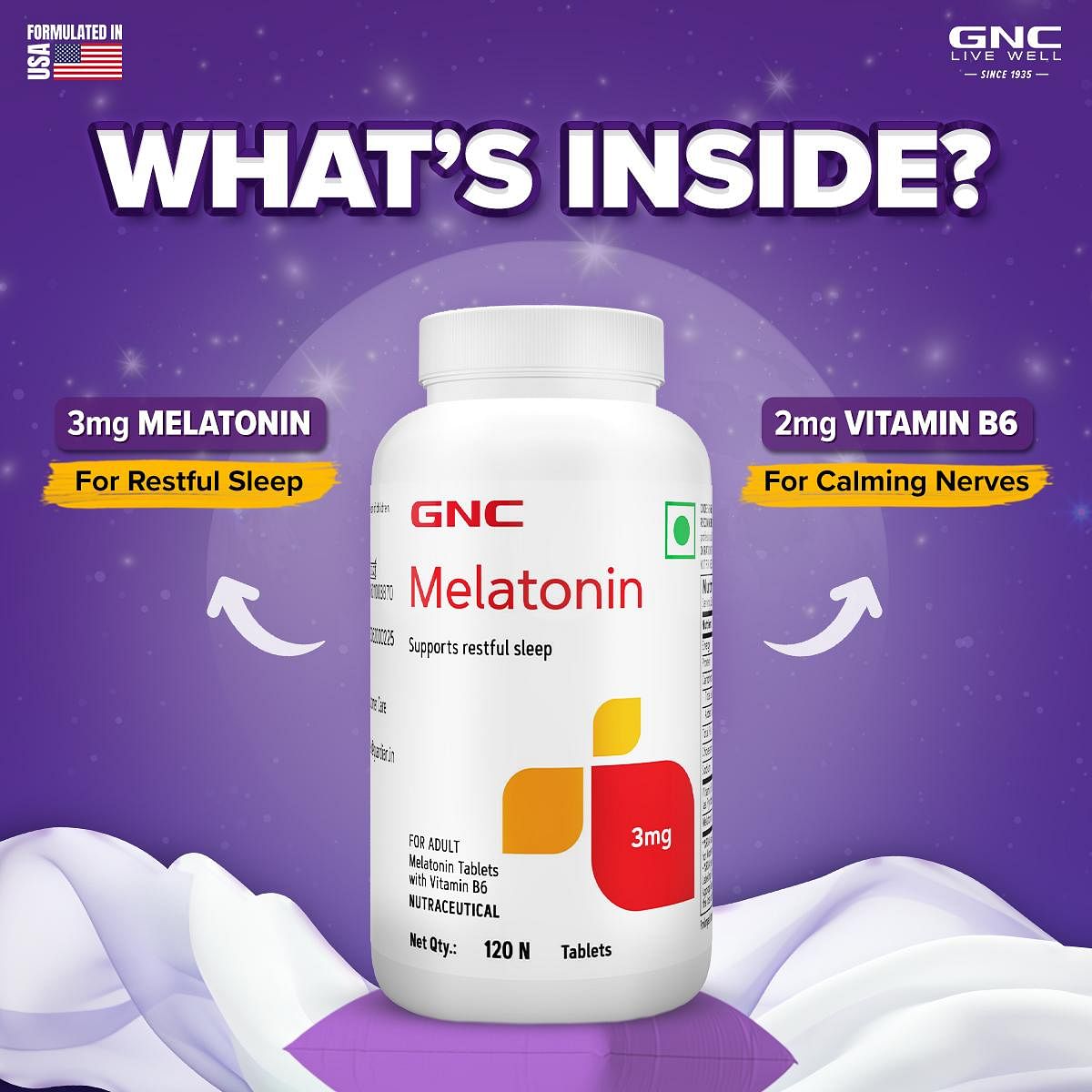 GNC Melatonin Tablets With Vitamin B6 Promotes Deep Sleep