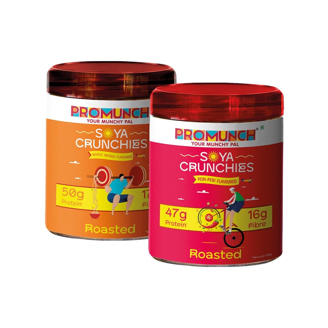 

PROMUNCH Soya Crunchies | Vegan | High-Protein | Healthy | Gluten-Free | Pack of 2, Flavour: Peri-Peri and Noodle Masala - 150g Each