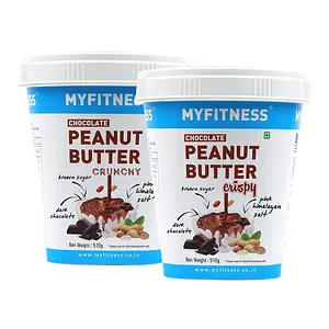 MYFITNESS Chocolate Peanut Butter Crunchy 510gm and Chocolate Peanut Butter Crispy 510gm Combo| 22g Protein | Tasty & Healthy Nut Butter Spread | Vegan | Dark Chocolate Smooth Peanut Butter | Zero Trans Fat
