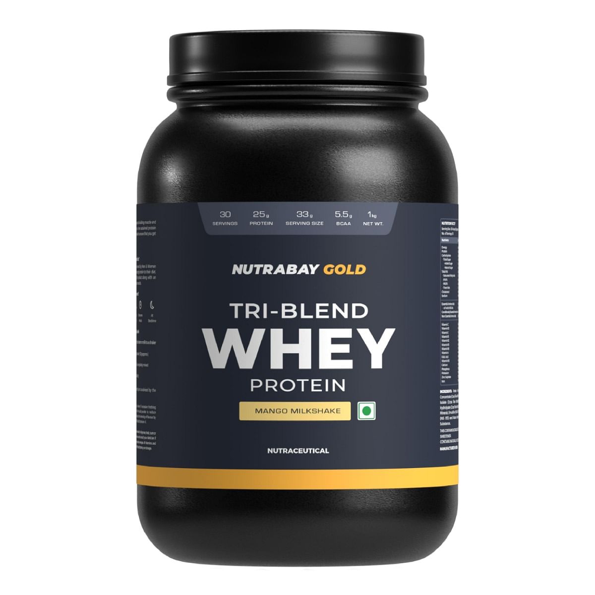 

Nutrabay Gold Tri Blend Whey Protein Powder (Hydrolyzed, Isolate & Concentrate) - 25g Protein, 5.5g BCAA - 1Kg, Mango Milkshake