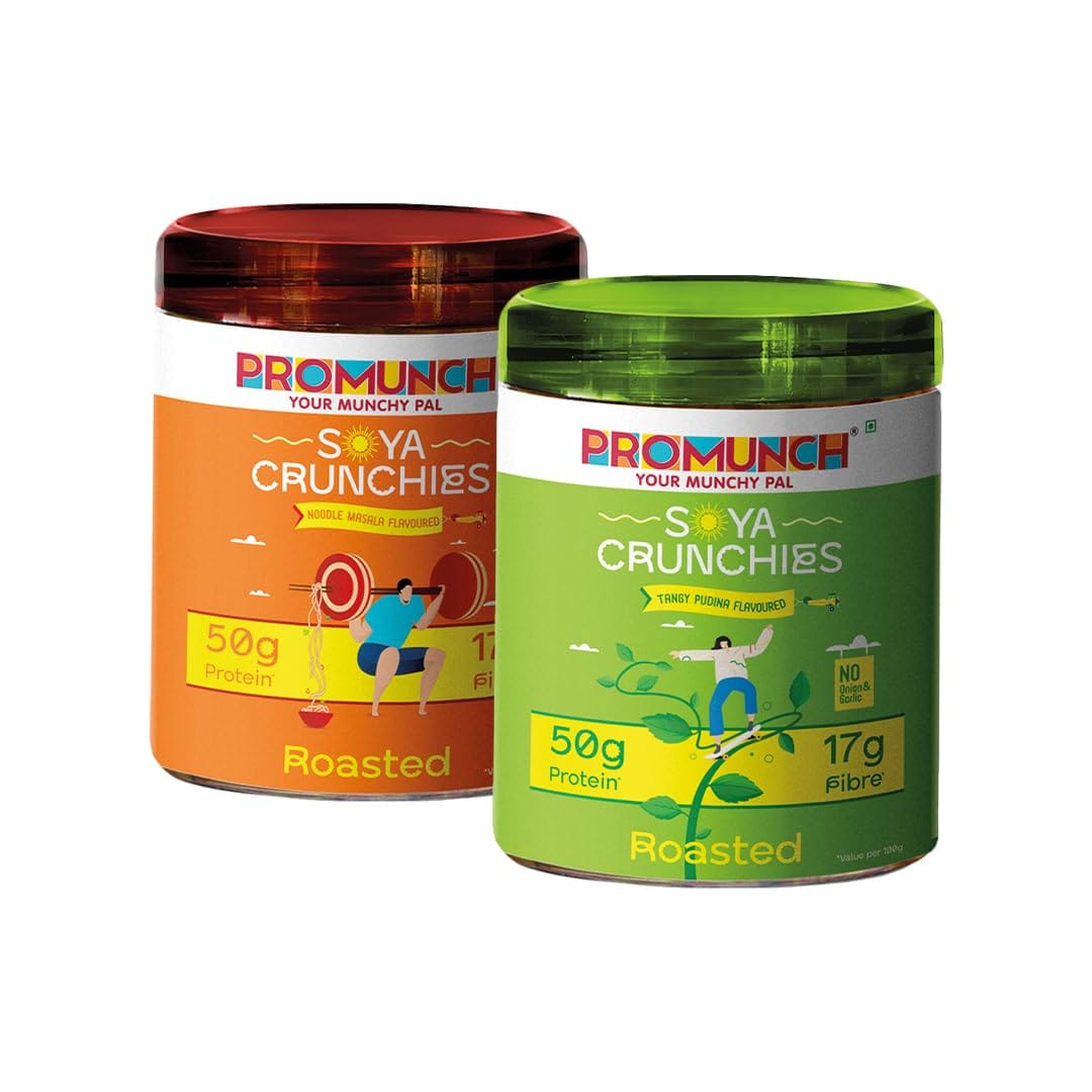 

PROMUNCH Soya Crunchies | Vegan | High-Protein | Healthy | Gluten-Free | Pack of 2, Flavour: Tangy Pudina and Noodle Masala - 150g Each