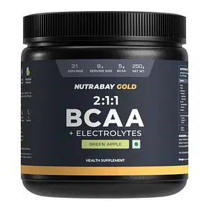 Nutrabay Gold BCAA 2:1:1 with Electrolytes - 5g Vegan BCAAs, Pre/Post Workout Energy Drink - 250g, Green Apple
