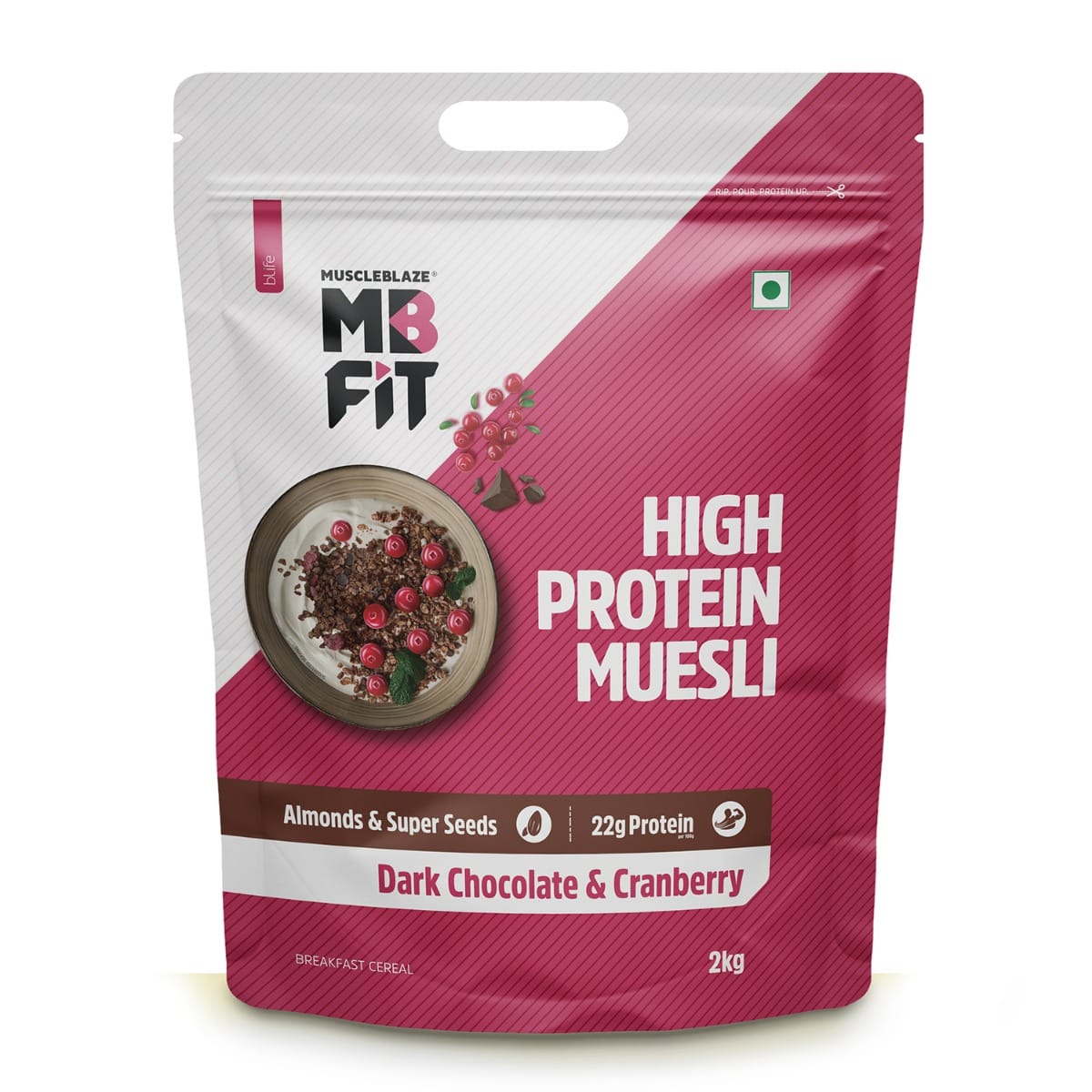 MuscleBlaze Fit High Protein Muesli | 22g Protein | With Raisins, Almonds & Super Seeds, Protein Breakfast Cereals (Dark Chocolate & Cranberry, 2kg)