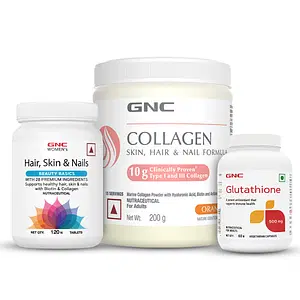 GNC Youthful Radiance Trio | Marine Collagen Powder (Orange 200 gm) | Women's Hair, Skin, and Nails (120 Tablets) + Glutathione (60 Capsules) | Reduces Fine Lines & Wrinkles | Reduces Pigmentation