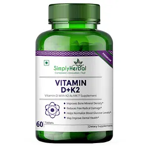 Simply Herbal Vitamin D3 With K2 as Mk7 Supplement, Plant Based Tablets, Strong Immunity & Bones, Blood Circulation, Supports Heart & Health for Men & Women (60 Veg Tablets) 