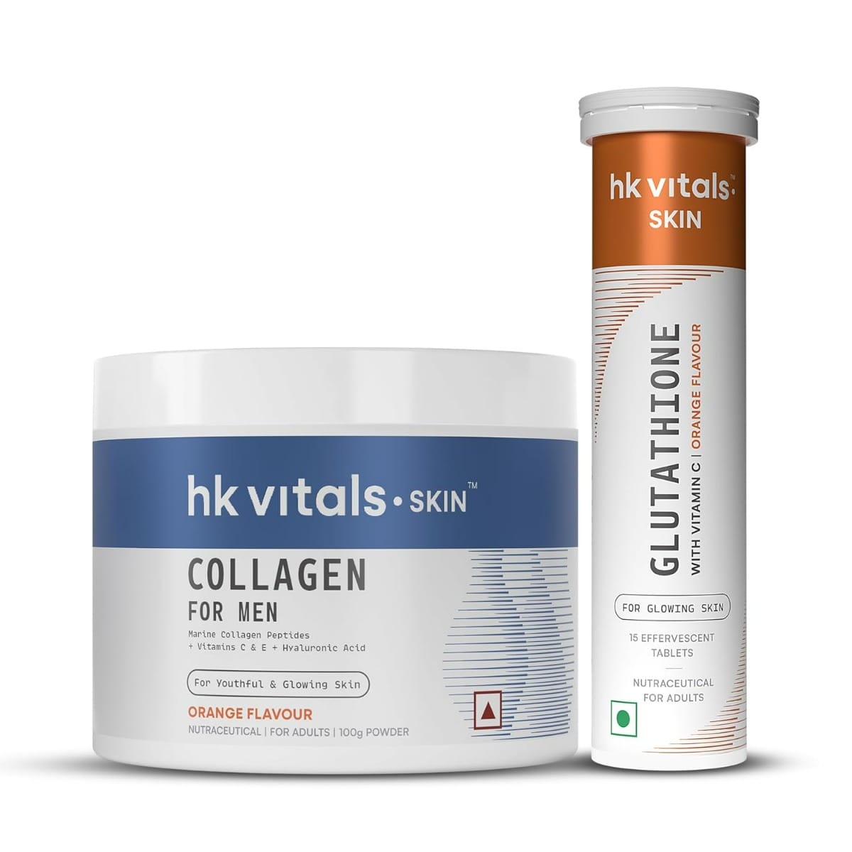 hk vitals Glutathione (Orange, 15 Effervescent Tablets) with Marine Collagen for Men Supplement (Orange, 100g) | L-Glutathione Tablets with Vitamin C & E | For Skin Glow & Hydration