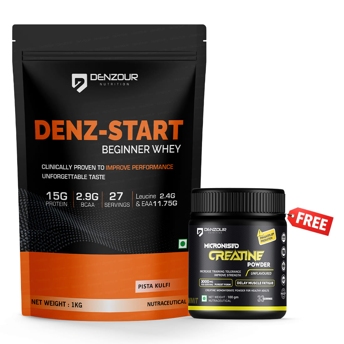 Denz Start Whey Protein 1kg. Pista Kulfi + Free Creatine Unflavoured 100g