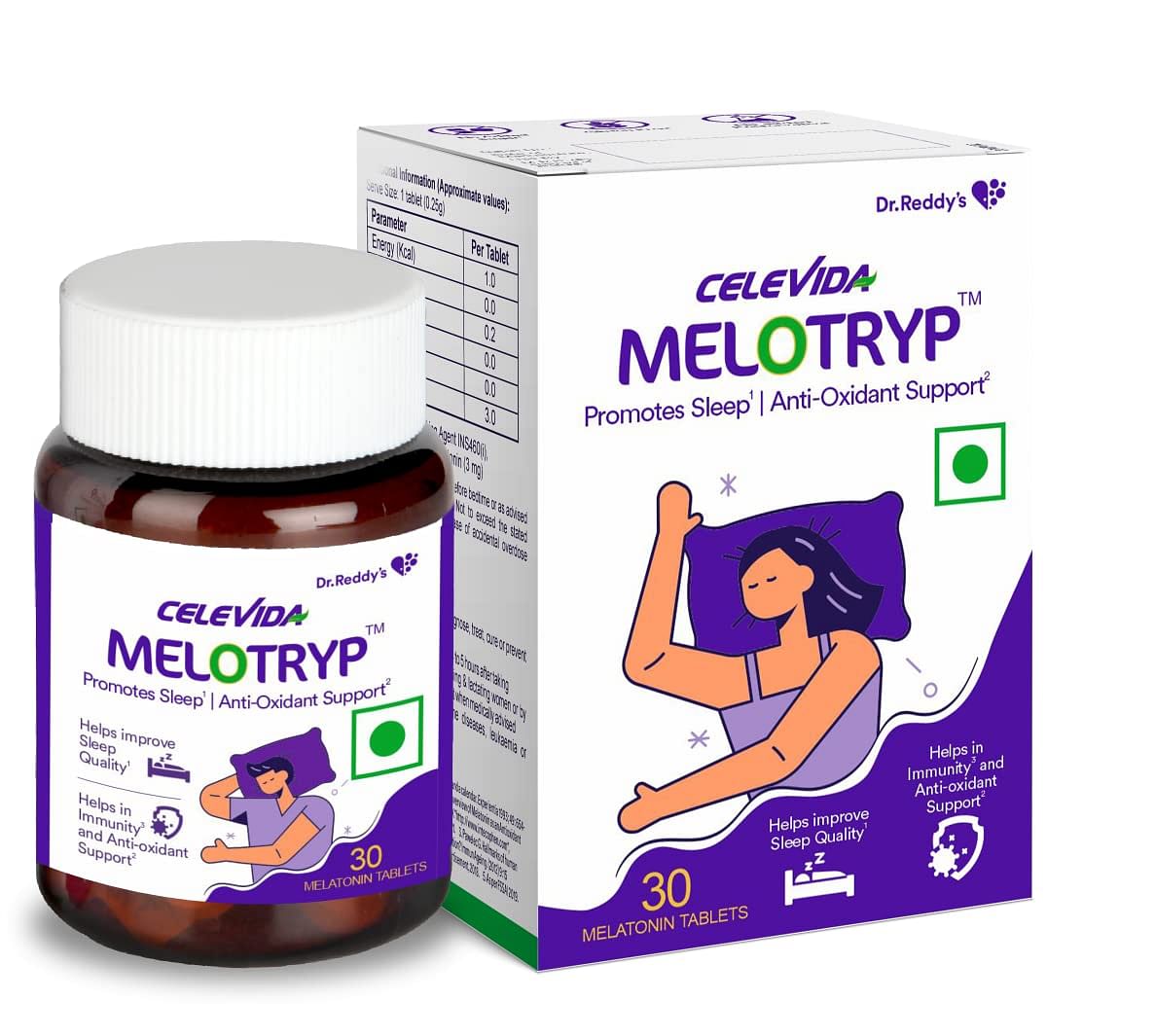 

Dr Reddy's Celevida Melotryp Melatonin 3mg | Improves Sleep Quality | Helps in Immunity Anti Oxidant Support | Non Habit Formaing Properties- (3 mg...