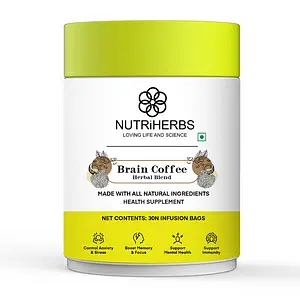 Nutriherbs Brain Coffee with Goodness of Roasted Coffee Beans, Lion's Mane Mushroom & MCT Powder Helps Reduce Stress & Anxiety, 30 Infusion Bags