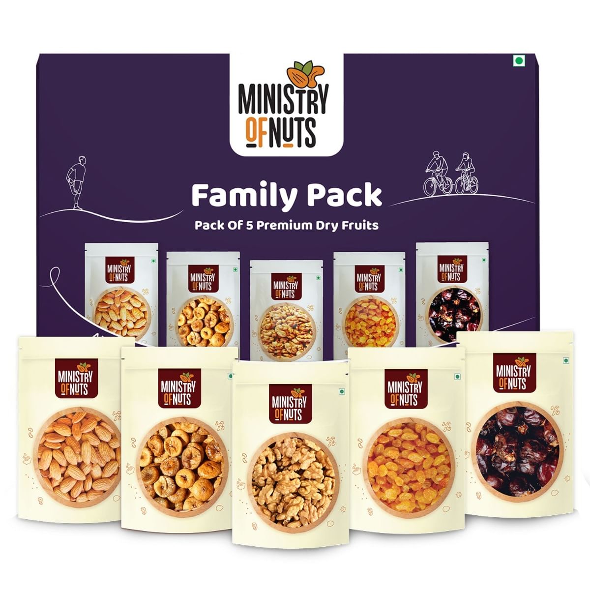 

Ministry Of Nuts Family Pack Of 5 Premium Dry Fruits Almonds 150g, Dried figs 125g, Walnuts 125g, Raisins 175g, Dates 175g in Different Combos Tota...