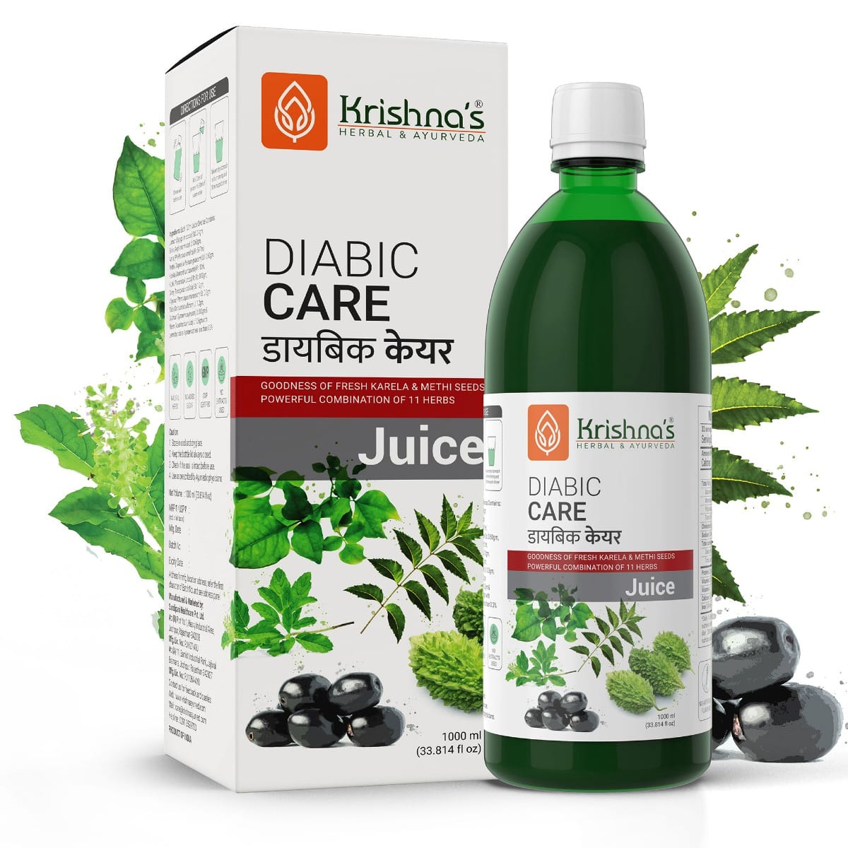 

Krishna's Diabic Care Juice - 1000 ml | Blend of 11 herbs Methi, Amla, Karela, Jamun, Kutki, Guduchi & 5 other herbs to manage sugar levels