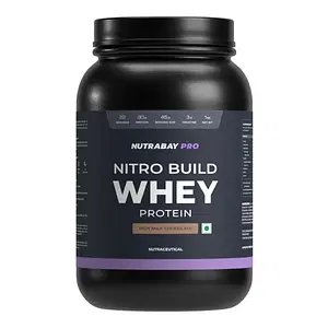 Nutrabay Pro Nitro Build Whey Protein | 30g Protein, 3g Creatine, BCAA 6.4g | Muscle Growth & Recovery | Gym Supplement for Men and Women - 1Kg, Rich Milk Chocolate