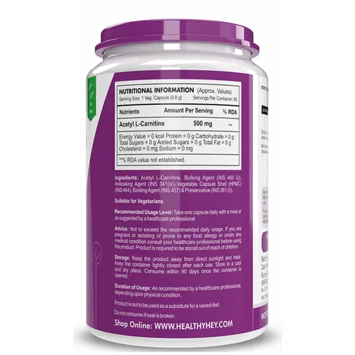 HealthyHey Acetyl L-Carnitine (ALCAR) 500 mg - 60 Veg Capsules (Pack of 1) HealthyHey Acetyl L-Carnitine (ALCAR) 500 mg - 60 Veg Capsules (Pack of 1)