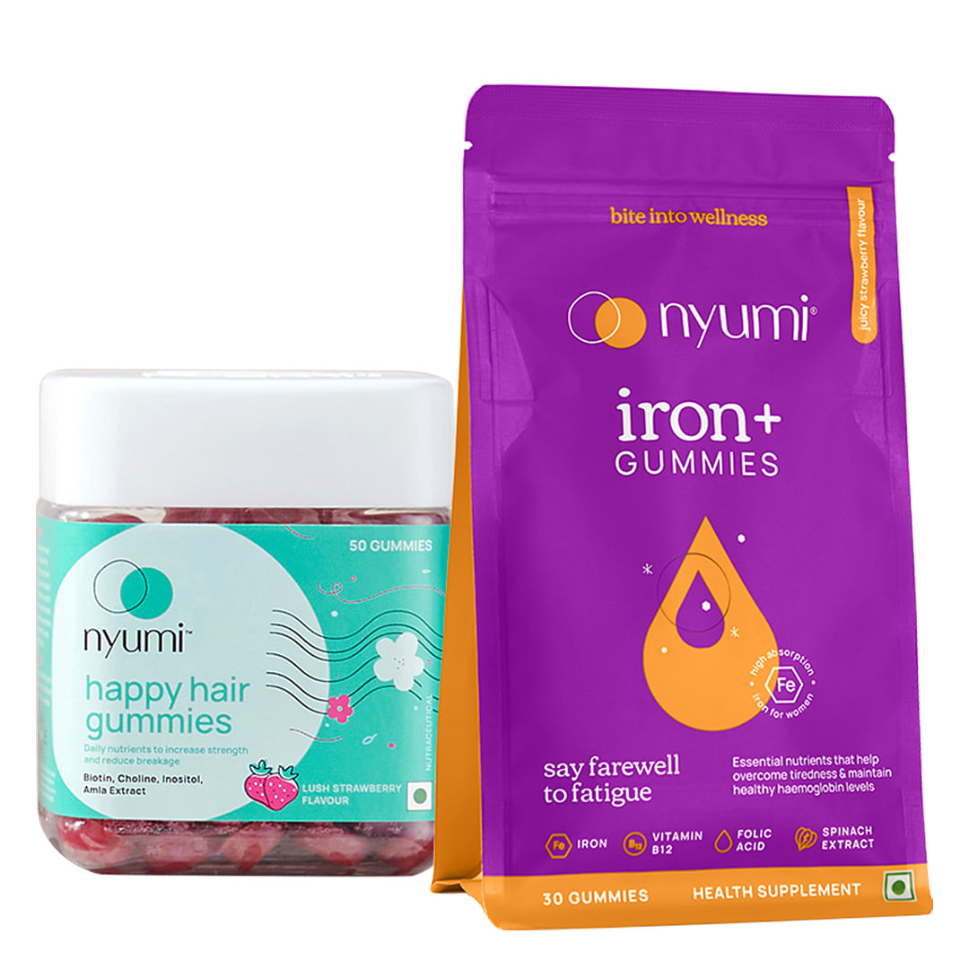 

Nyumi Hairfall Defense Kit helps Reduce Hair Fall and Fatigue | Biotin Hair Gummies and Iron+ Gummies | 80 Gummies - Pack of 2