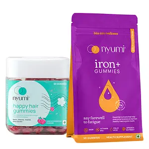 Nyumi Hairfall Defense Kit helps Reduce Hair Fall and Fatigue | Biotin Hair Gummies and Iron+ Gummies | 80 Gummies - Pack of 2