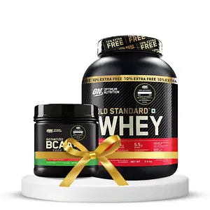 Optimum Nutrition (ON) Gold Standard 100% Whey Protein Powder - 5 lb (+10% Extra), 2.5 kg - Double Rich Chocolate & Optimum Nutrition BCAA, 5g BCAAs in 2:1:1 Ratio, 30 servings, (250gm, Fruit Punch) (Combo) with Free Shaker
