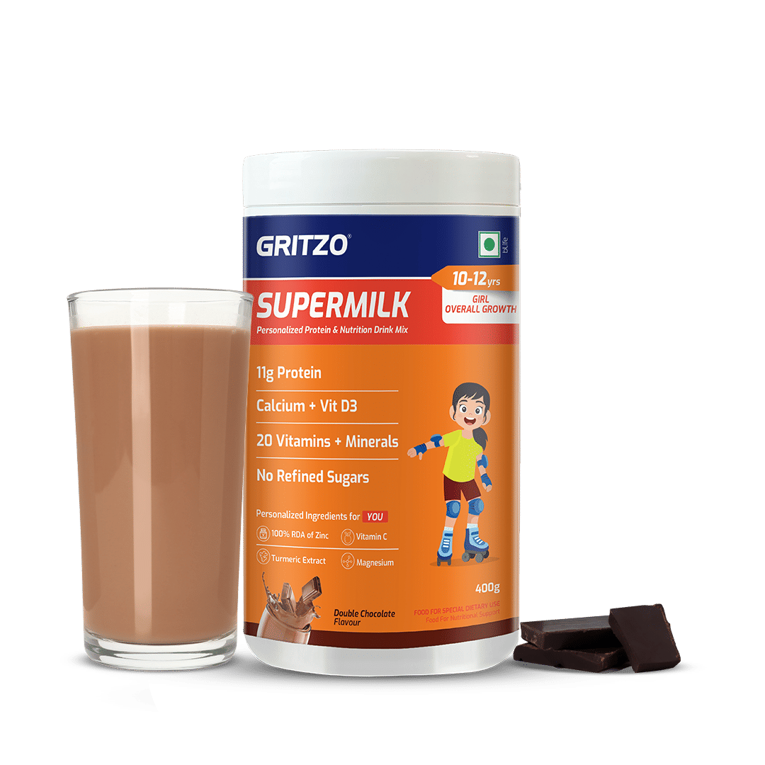 Gritzo SuperMilk Overall Growth (10-12y Girls), 11g Protein Powder (Double Chocolate, 400g)