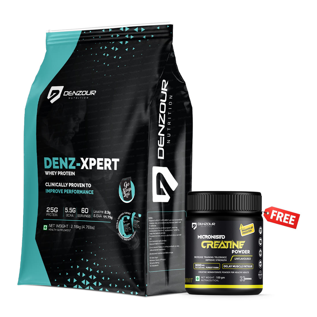 Denz Xpert Whey 25g Protein 60 Sachets Pista Kulfi 2.16kg. + Free Shaker + Free Creatine Unflavoured 100g