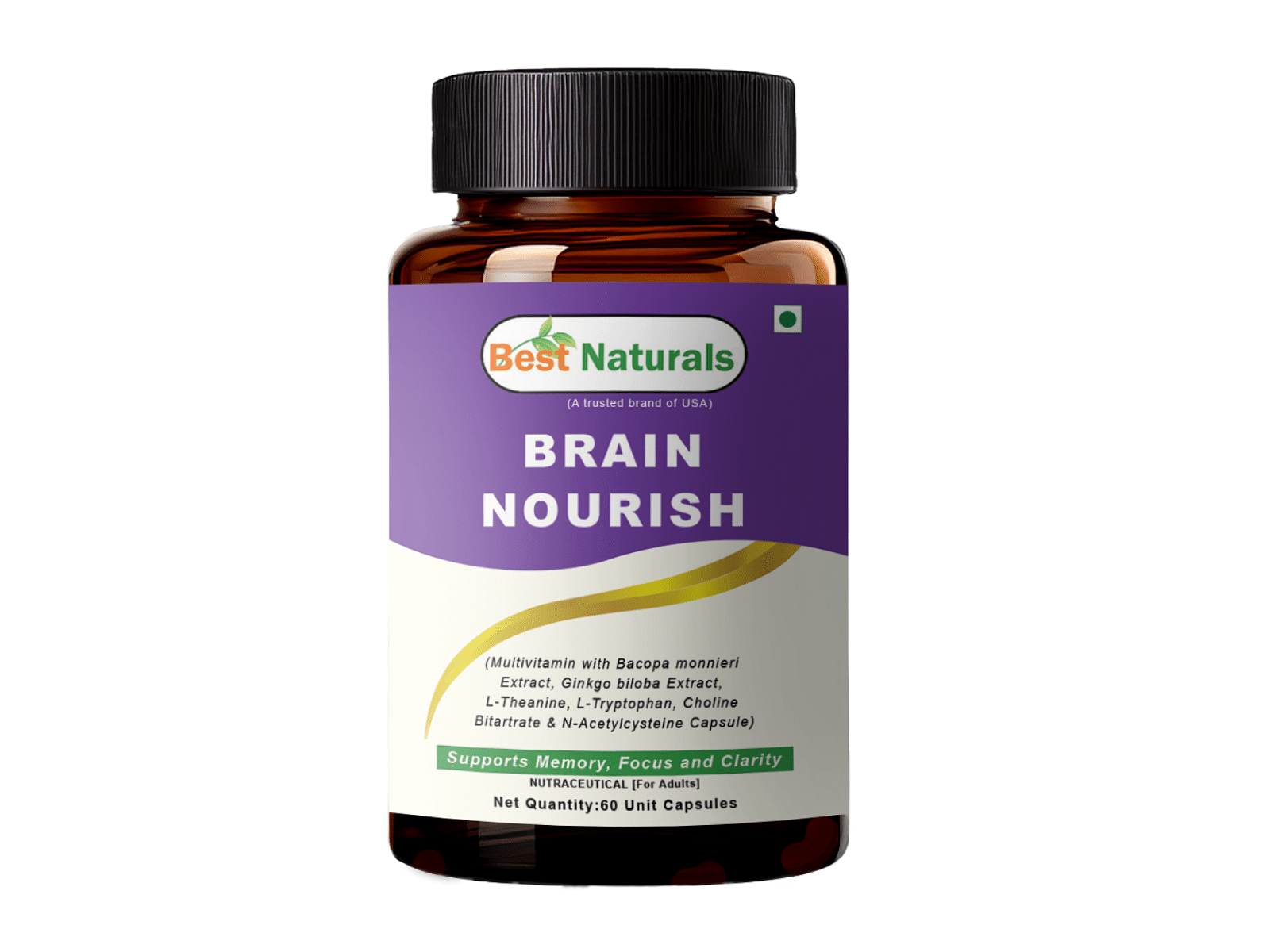 

Best Naturals Brain Nourish – Multivitamin with Brahmi, Ginkgo Biloba & Choline – 60 Vegetarian Capsules - 2-Months Supply– Trusted Brand from USA