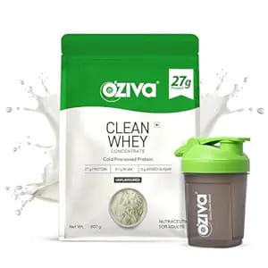 

OZiva Clean Whey Concentrate Protein Powder| 27g Protein| Cold-Processed, Unflavoured, (907g) with shaker (300ml)