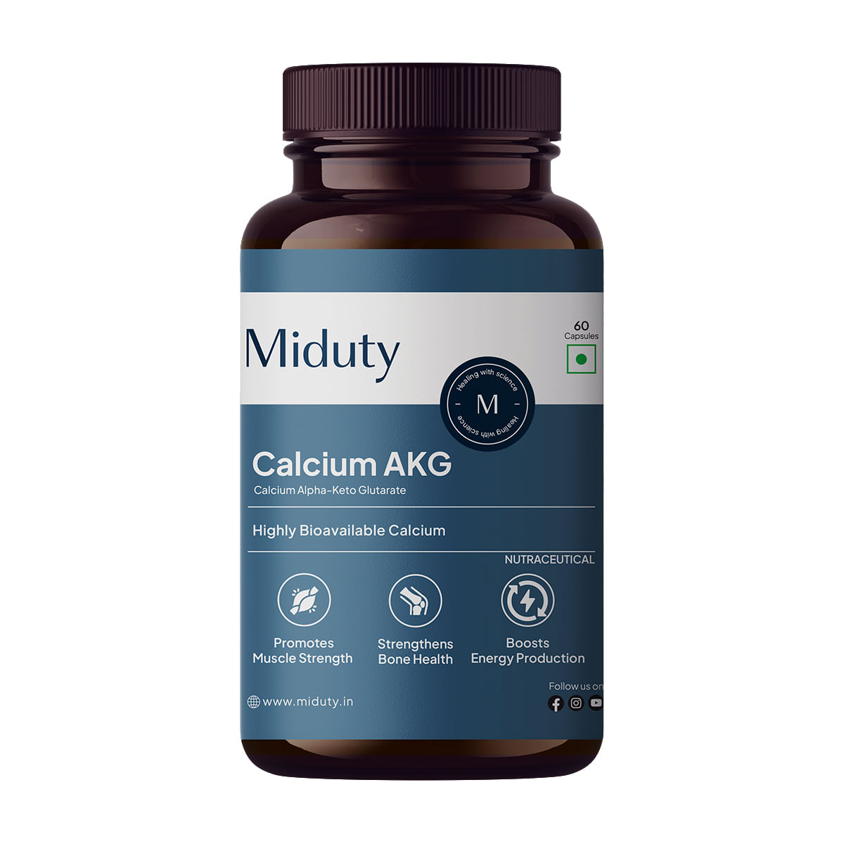 

Miduty Calcium Alpha-KetoGlutarate (Ca-AKG)-Energy-Bone Muscle Strength-Pure-Stabilised-60 Capsules