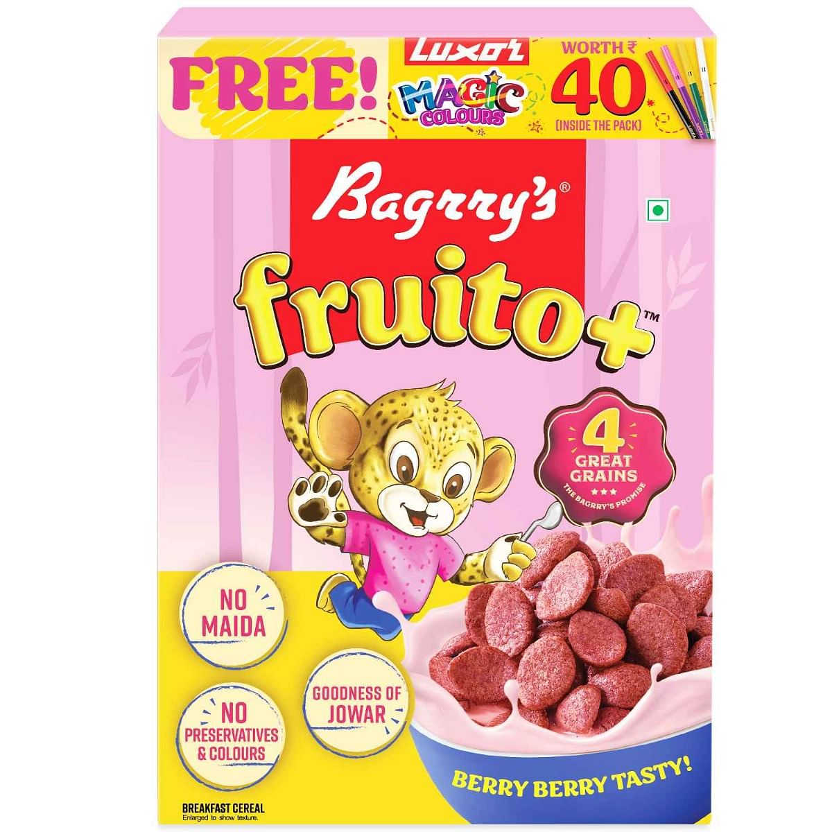 

Bagrry’s Fruito+ 350g 4 Great Grains|No Maida & Preservatives|Goodness of Jowar ( Millet)|High in Protein|High Fibre|Yummy Breakfast Cereal