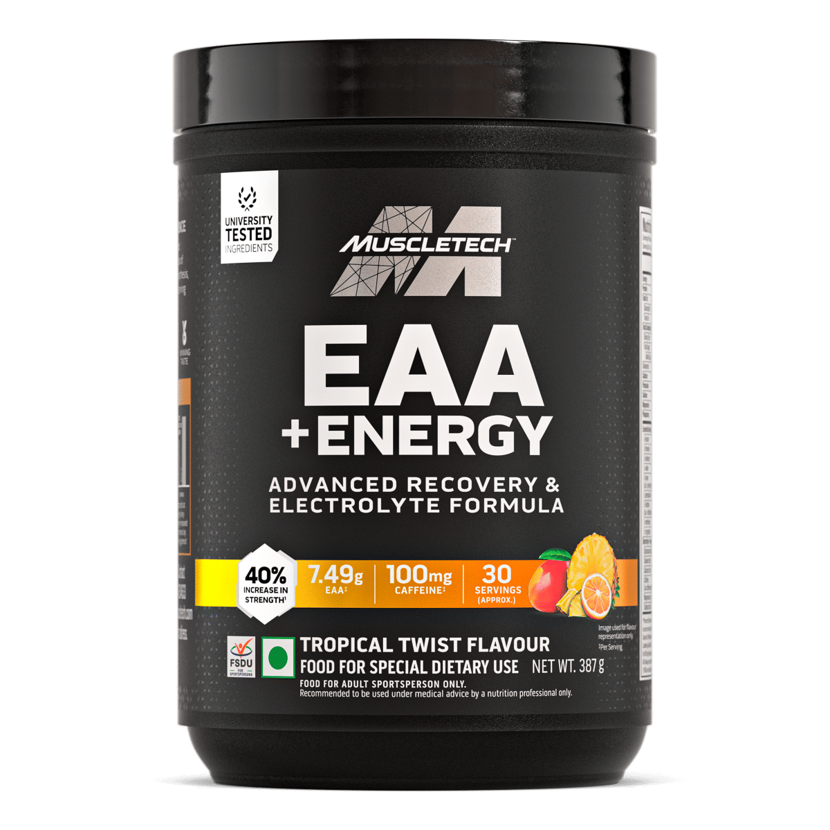 MuscleTech Eaa + Energy | Essential Amino Acids + 100Mg Caffeine | Replenish Electrolytes | Ultimate Recovery 7.4 grams Eaa | 30 Servings | Tropical Twist, Powder