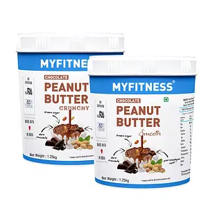 MYFITNESS Chocolate Peanut Butter Smooth 1250gm and Chocolate Peanut Butter Crunchy 1250gm Combo | 22g Protein | Tasty & Healthy Nut Butter Spread | Dark Chocolate | Smooth Peanut Butter | Zero Trans Fat